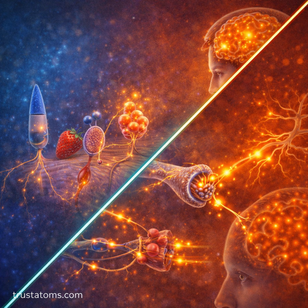 Illustration showing sensory receptors detecting stimuli and transmitting electrical signals through neurons to the brain.