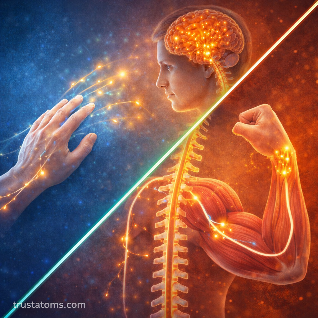 Diagram illustrating sensory and motor pathways in the somatic nervous system showing signals traveling from the body to the brain and from the brain to skeletal muscles.