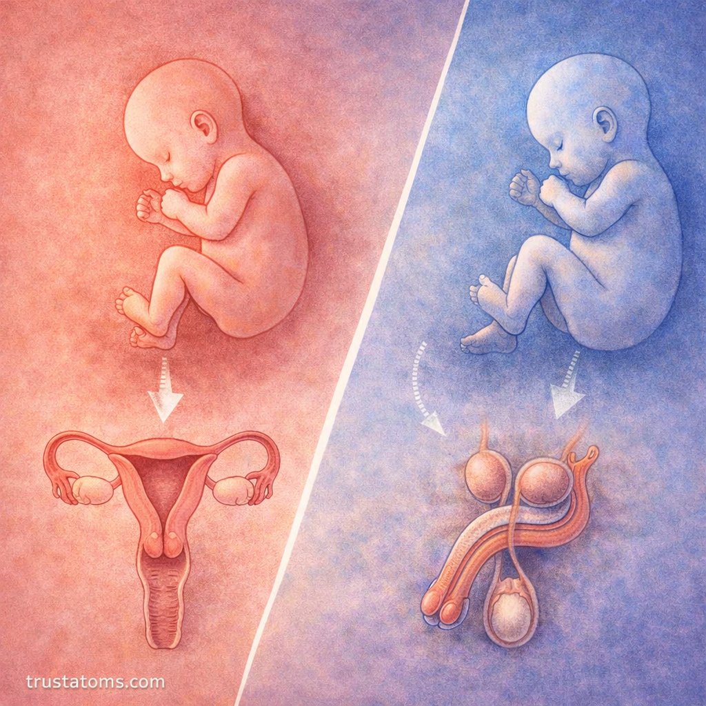 Split illustration showing embryo development into male and female reproductive systems during sexual differentiation.