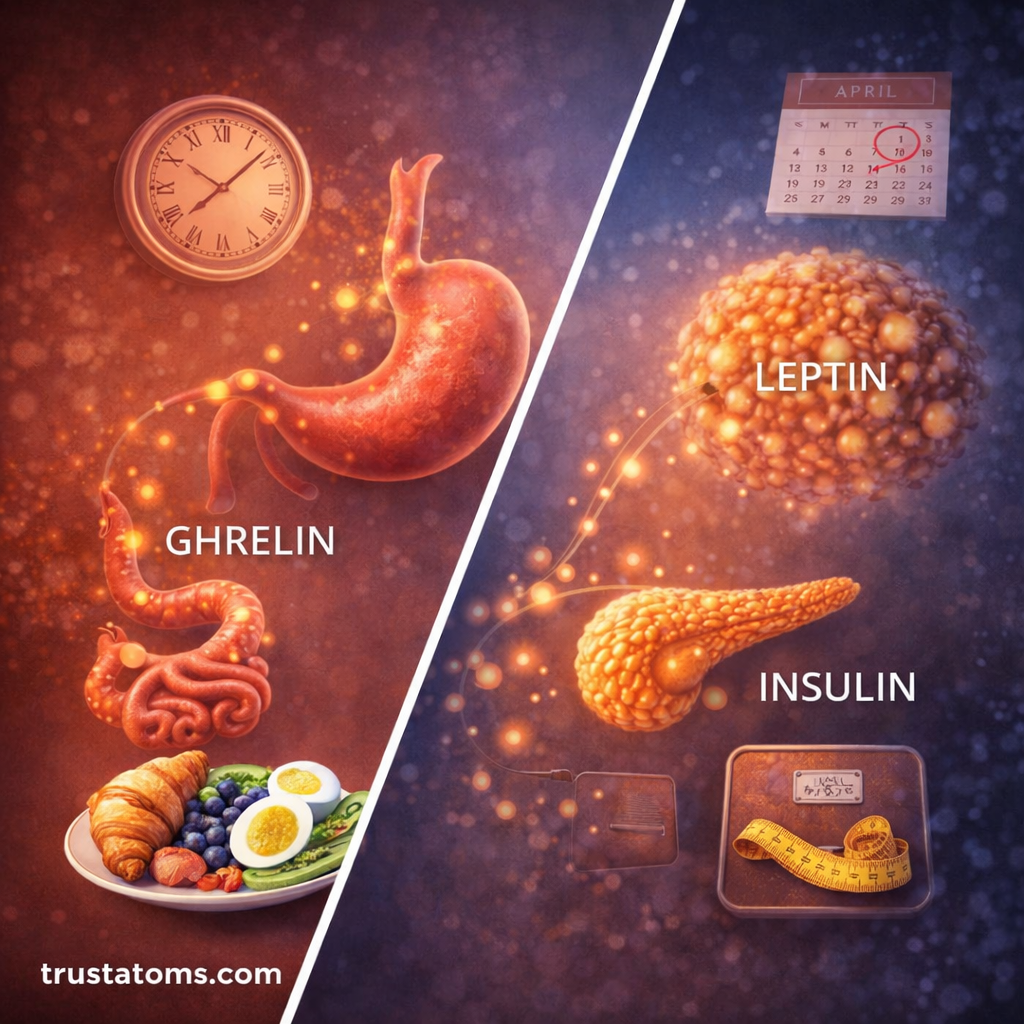 Split diagram showing short-term hunger signals from the stomach and long-term appetite regulation from fat tissue and pancreas.