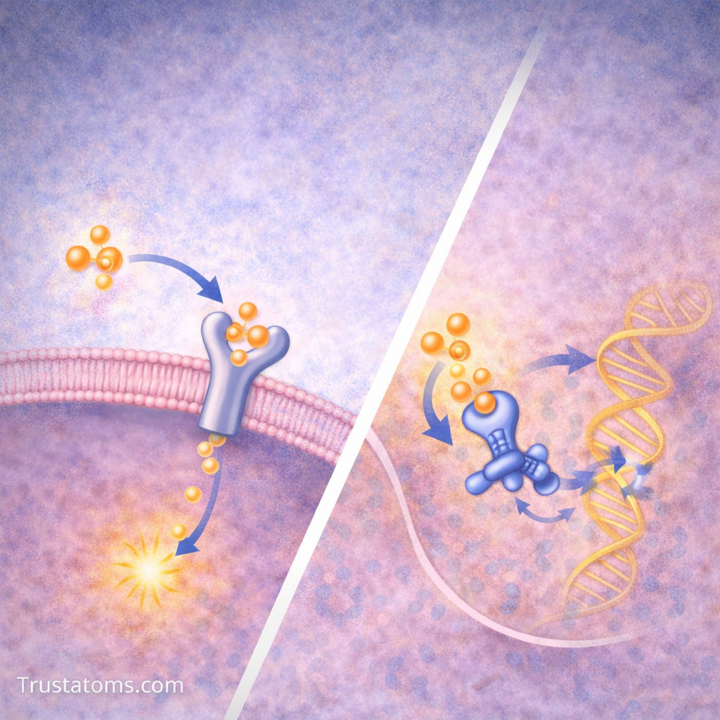 Split diagram showing cell surface receptor signaling and intracellular receptor pathways in signal transduction.