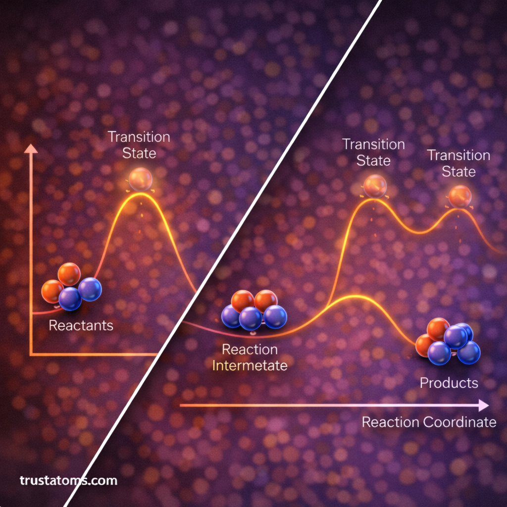 Split illustration comparing a single-step reaction coordinate diagram with a multi-step reaction pathway showing an intermediate. trustatoms.com.