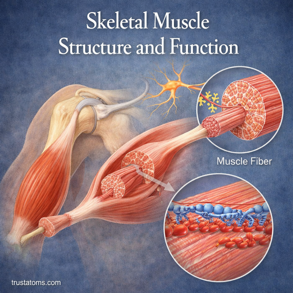 Illustration of skeletal muscle structure showing muscle fibers, fascicles, and actin-myosin interaction during contraction.