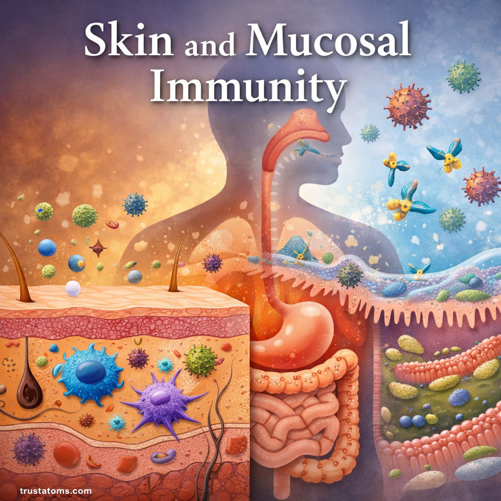 Illustration showing skin and mucosal immunity with human body silhouette, skin layers, and mucosal defenses protecting against pathogens.