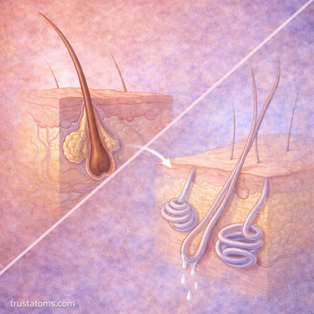 Split illustration showing hair follicle with sebaceous gland and sweat glands in the skin.