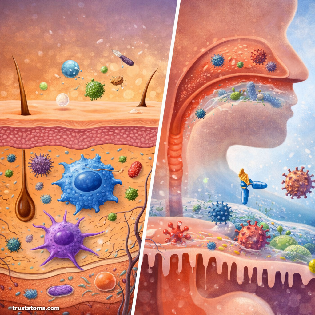 Split illustration comparing skin barrier immunity and respiratory mucosal immunity, showing immune cells, mucus, and pathogen defense.