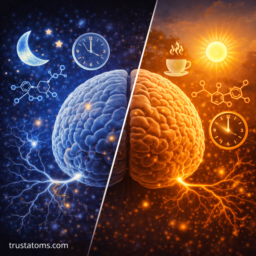 Split illustration showing sleep and wake brain states with nighttime melatonin activity and daytime alertness signals.