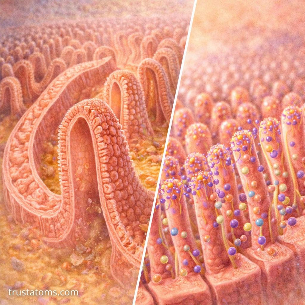 Split diagram showing intestinal folds and villi on one side and microvilli absorbing nutrients on the other.