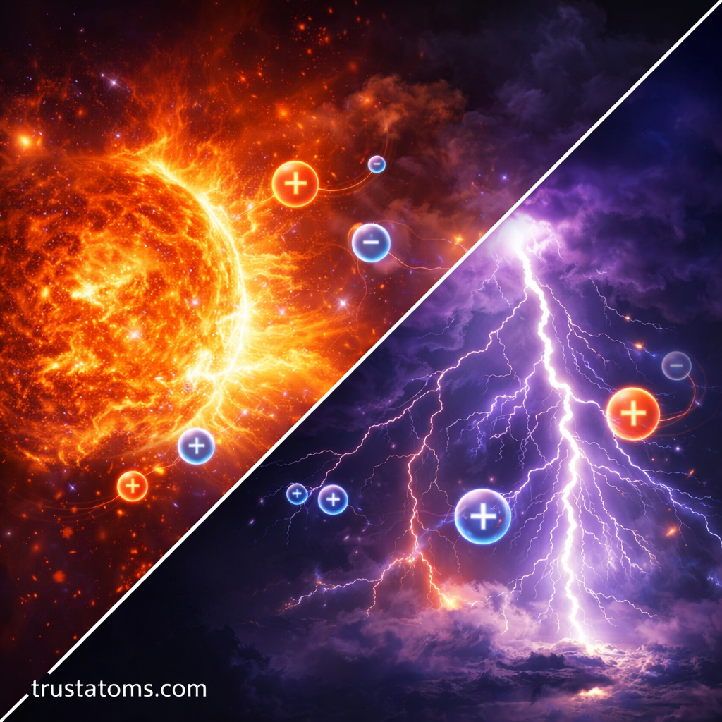 Diagonal split illustration showing plasma ionization in the Sun and lightning in Earth’s atmosphere, with trustatoms.com watermark.