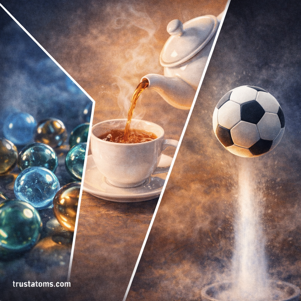 Educational illustration showing examples of solids with glass marbles, liquids being poured into a cup, and gas represented by air lifting a soccer ball.