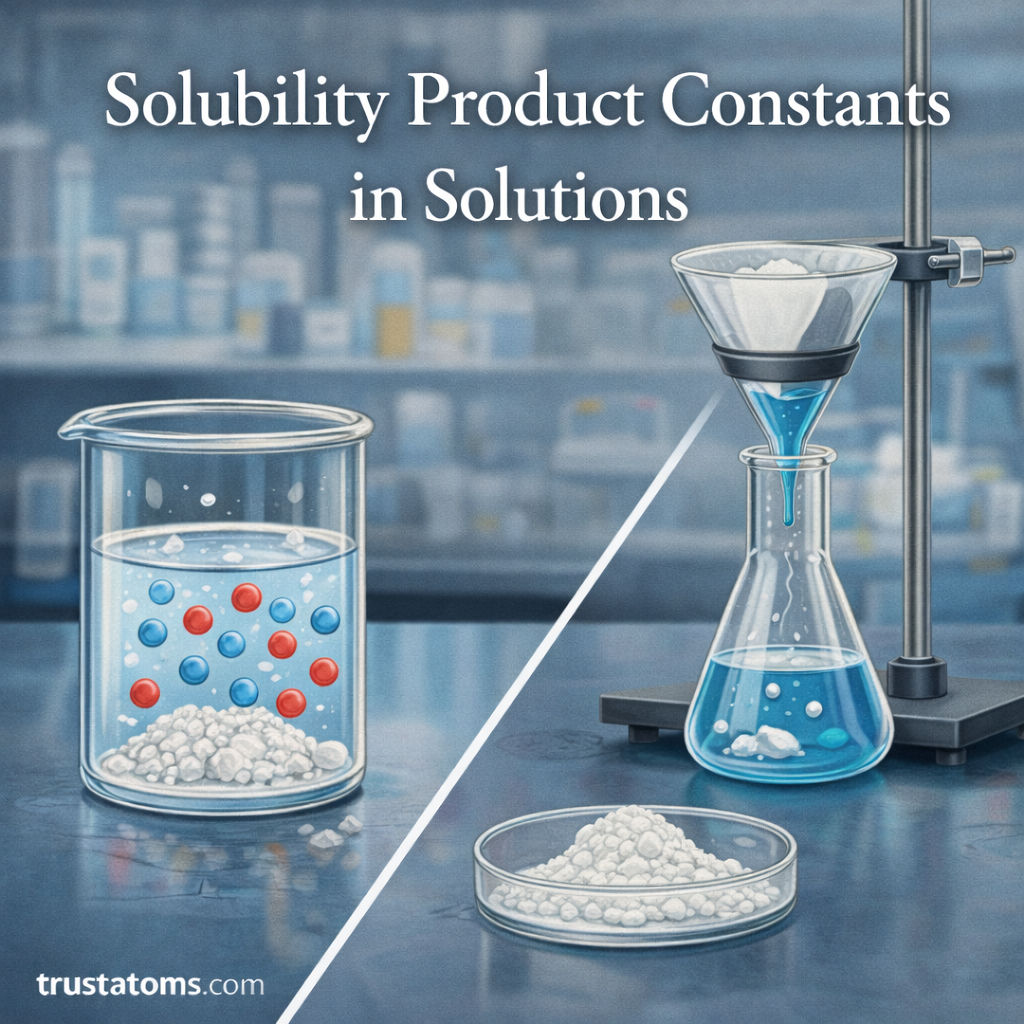 Illustration showing dissolved ions and solid precipitate demonstrating solubility equilibrium in a chemistry solution.