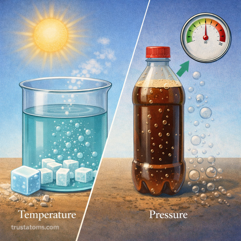 Illustration showing how temperature and pressure affect solubility with sugar cubes dissolving in water and carbonation bubbles in a soda bottle.