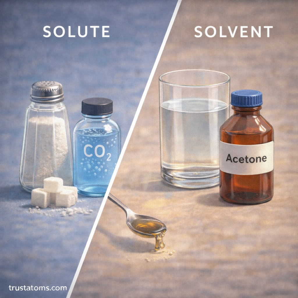 Illustration comparing solutes and solvents with examples such as salt, sugar, and carbon dioxide on one side and water and acetone on the other.