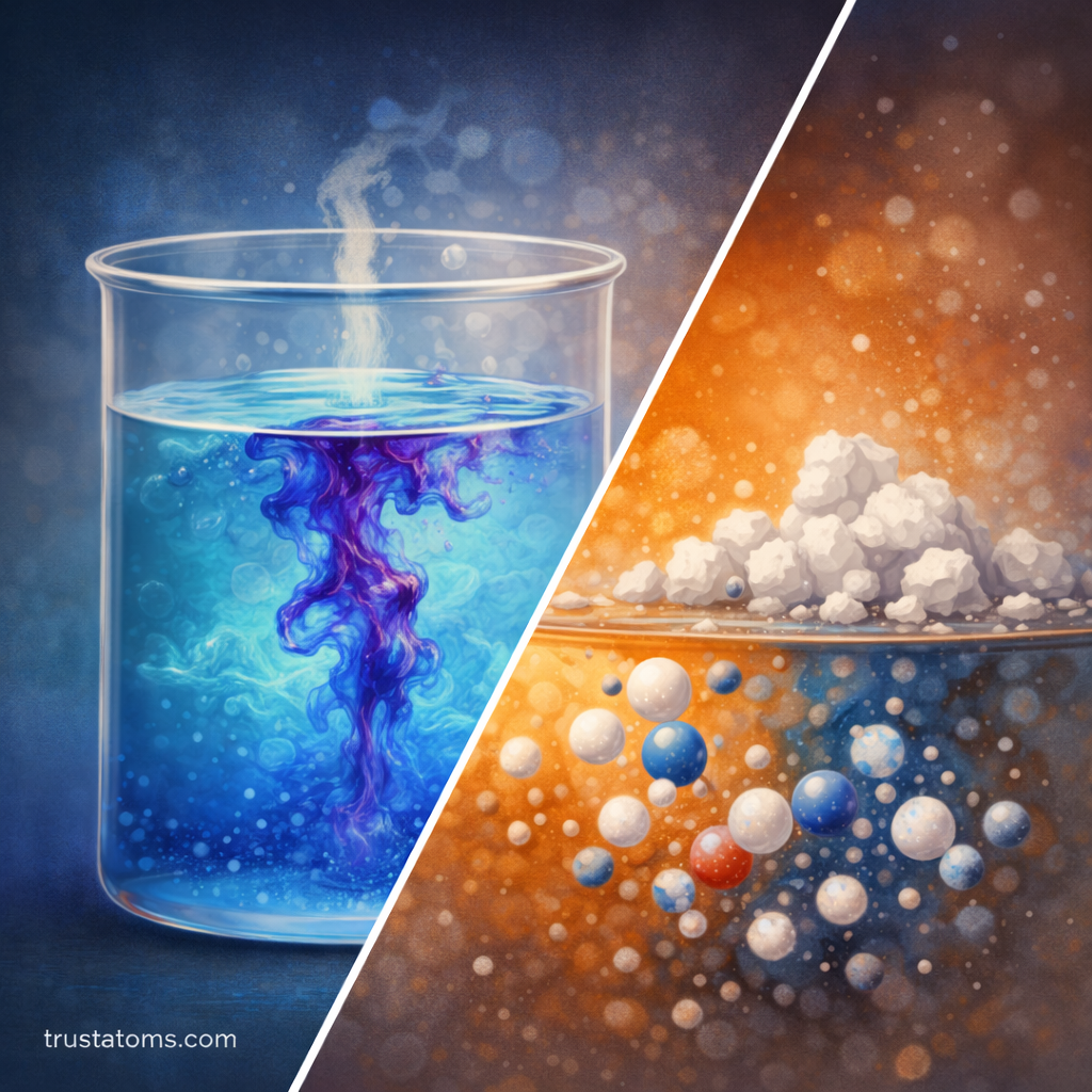 Illustration showing diffusion of dye in water and solvation of dissolved salt particles in a chemical solution.