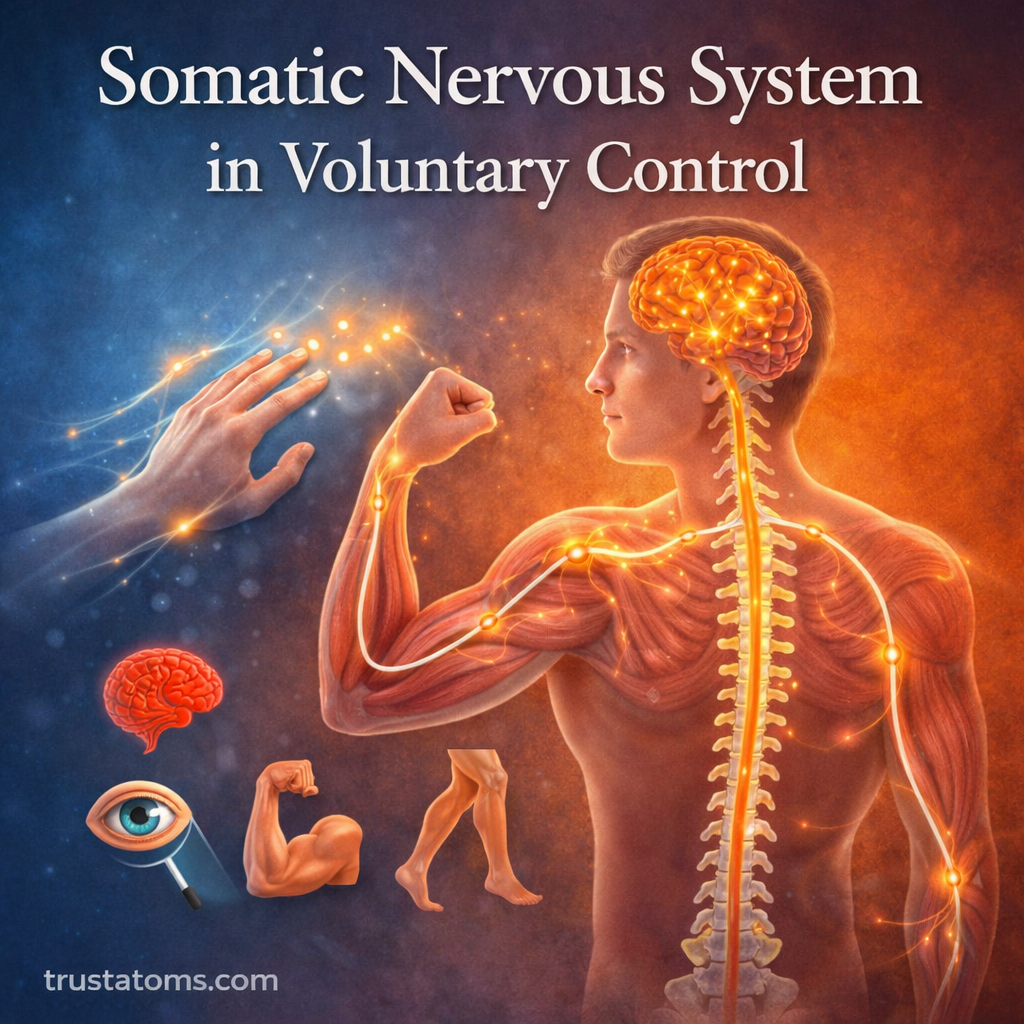 Illustration showing the somatic nervous system controlling voluntary muscle movement through signals between the brain, spinal cord, and skeletal muscles.