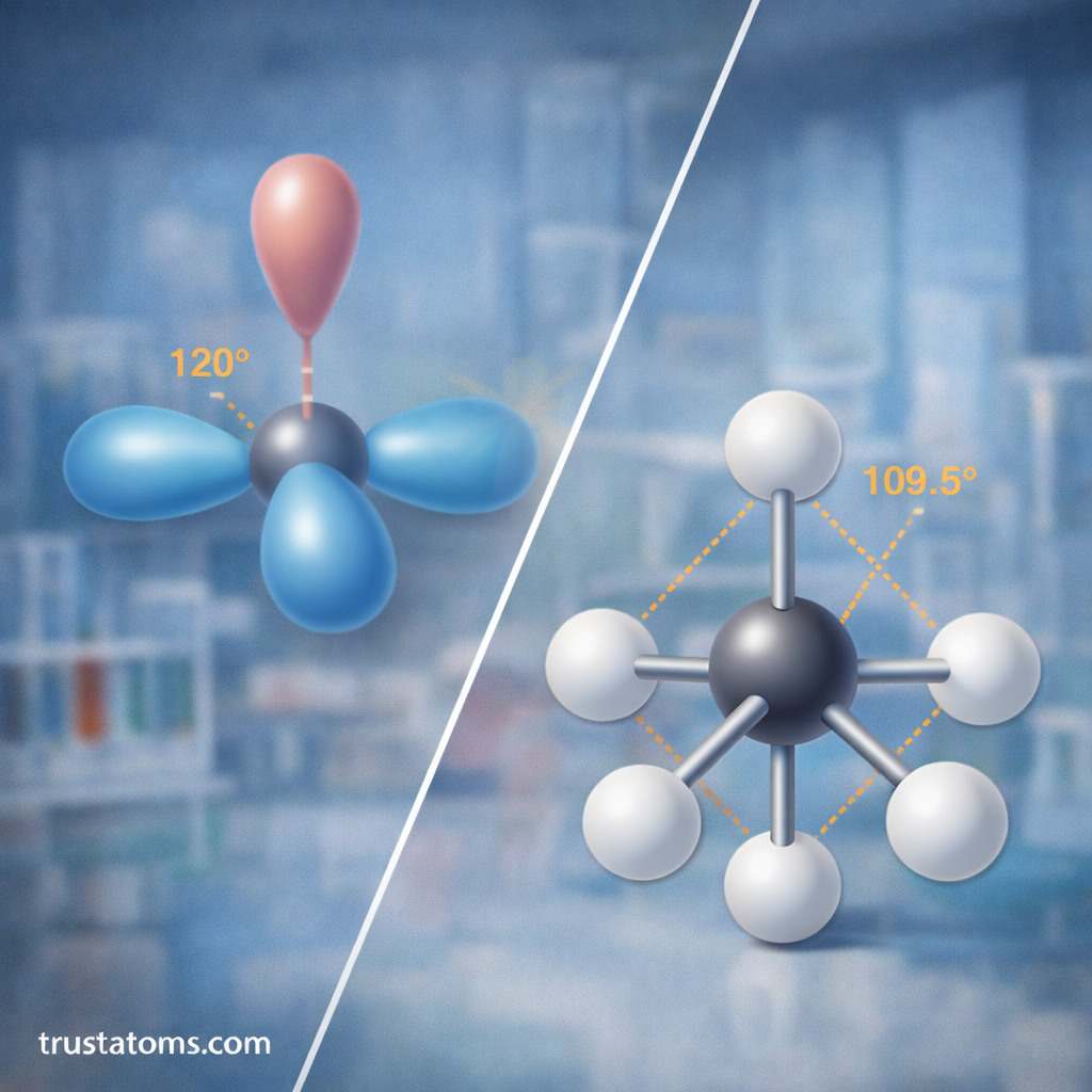 Diagram comparing sp2 and sp3 orbital hybridization showing trigonal planar and tetrahedral molecular arrangements.