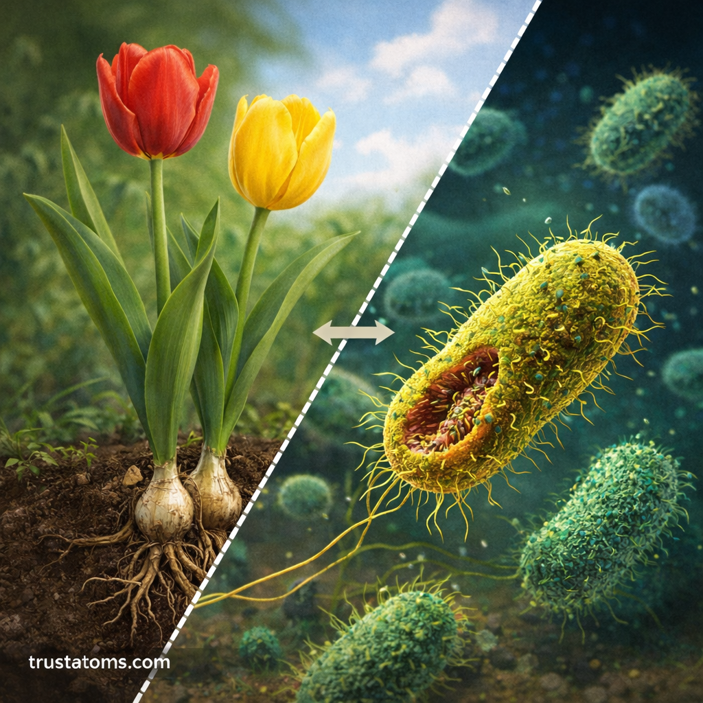 Split illustration comparing flowering plants and bacteria to explain how species are defined differently for sexually reproducing organisms and microbes.