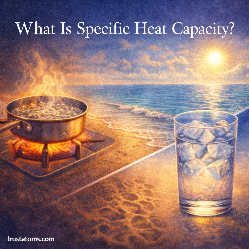 Illustration showing examples of specific heat capacity including a metal pan heating quickly, ocean water absorbing heat, and a glass of water with ice.