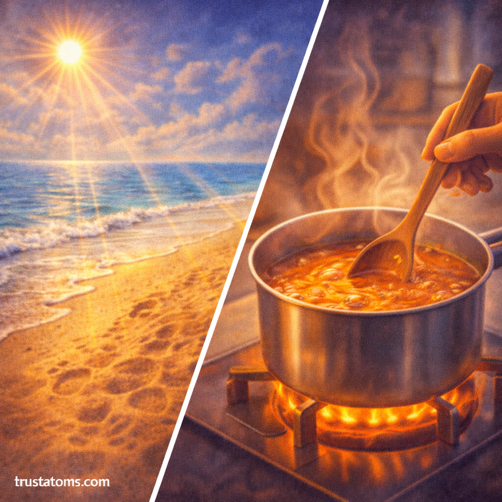 Split illustration showing sunlight heating beach sand quickly and a pot of liquid heating on a stove to demonstrate differences in specific heat capacity.