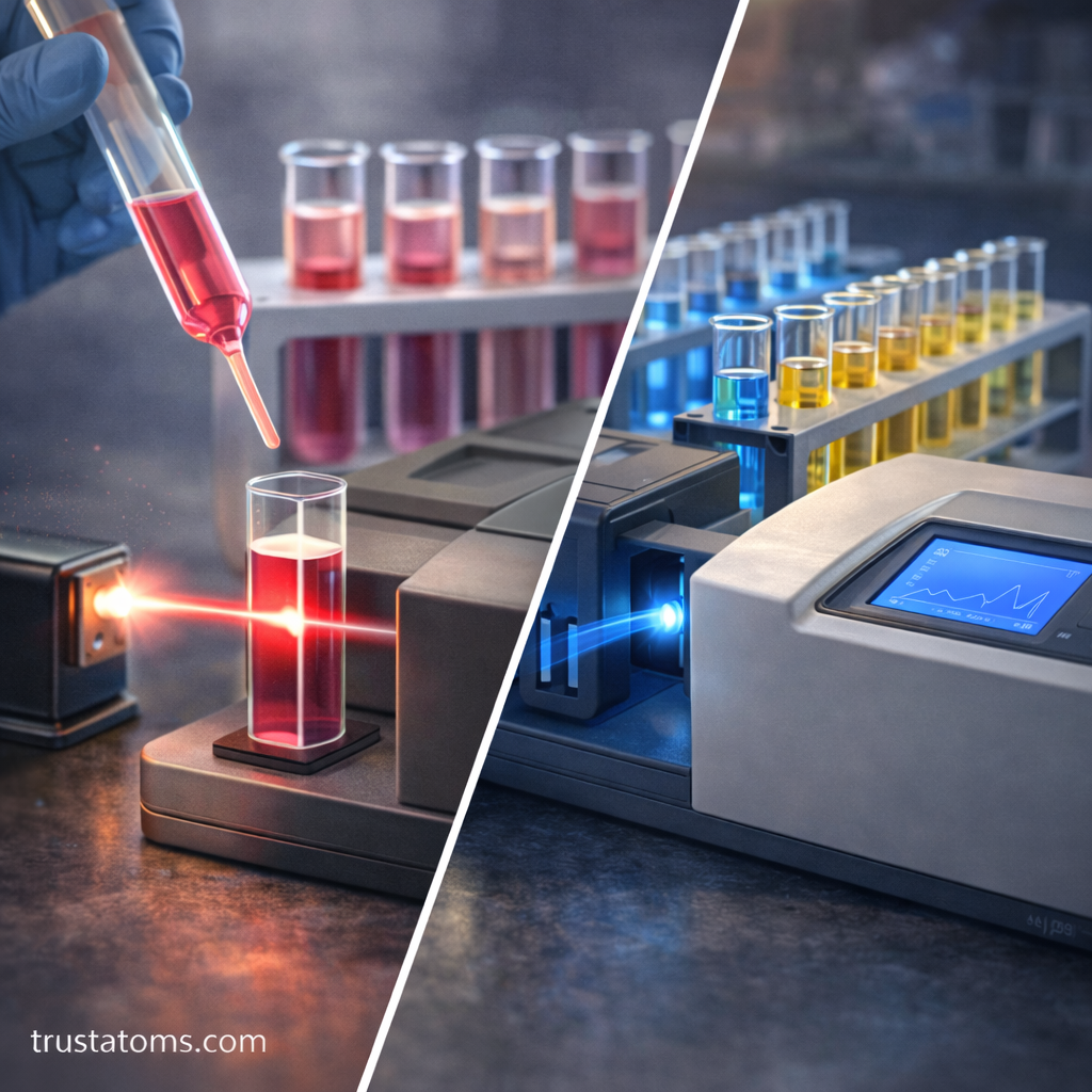 Split illustration showing a liquid sample placed in a cuvette and a spectrophotometer analyzing colored solutions with light beams.