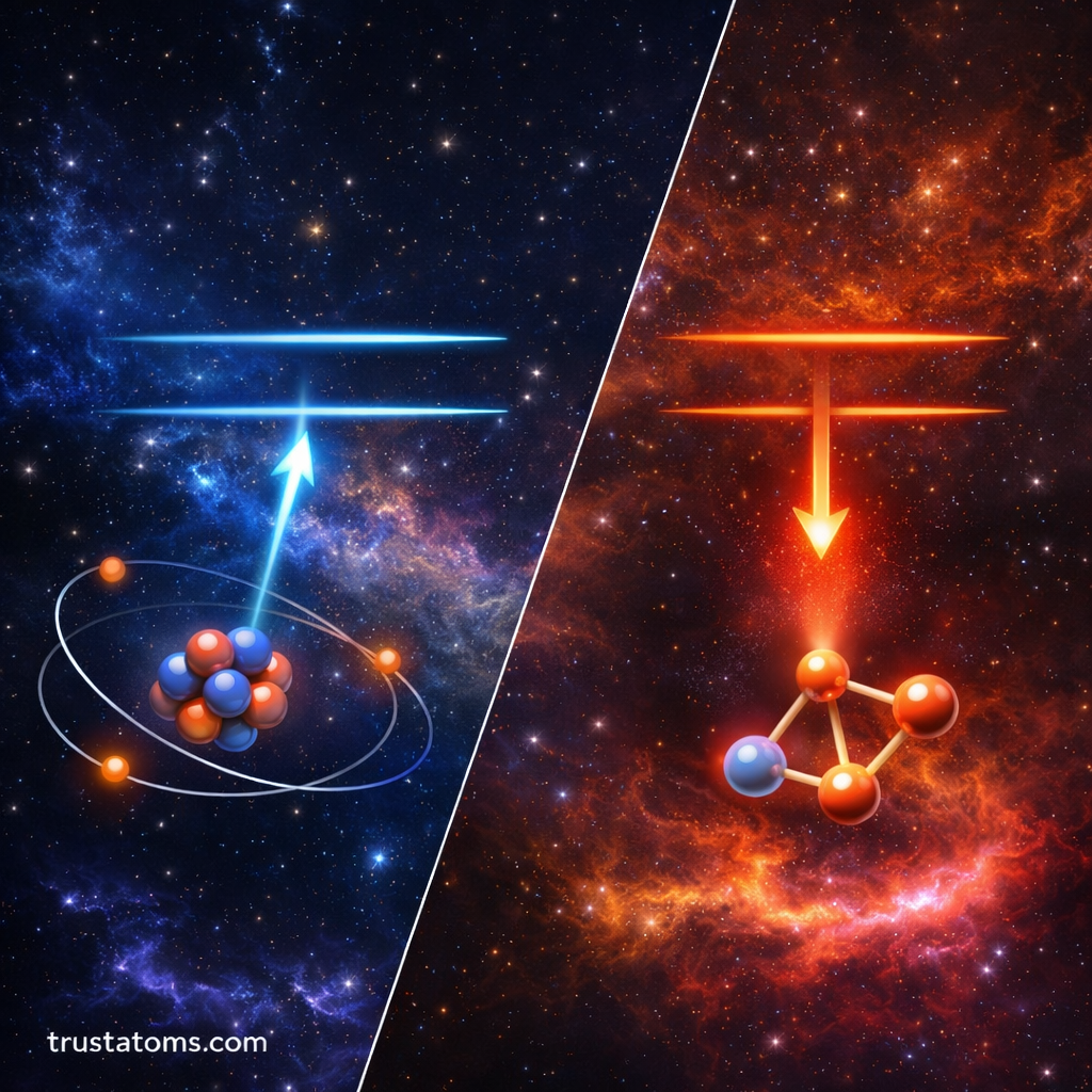 Split diagram illustrating absorption and emission spectroscopic transitions in a quantum system.