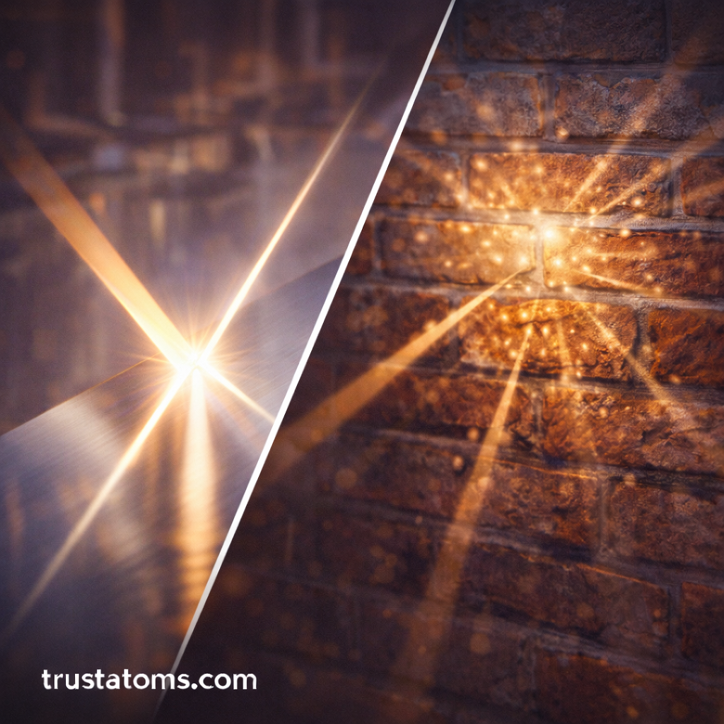 Split illustration showing specular reflection on a smooth metal surface and diffuse reflection on a rough brick wall.