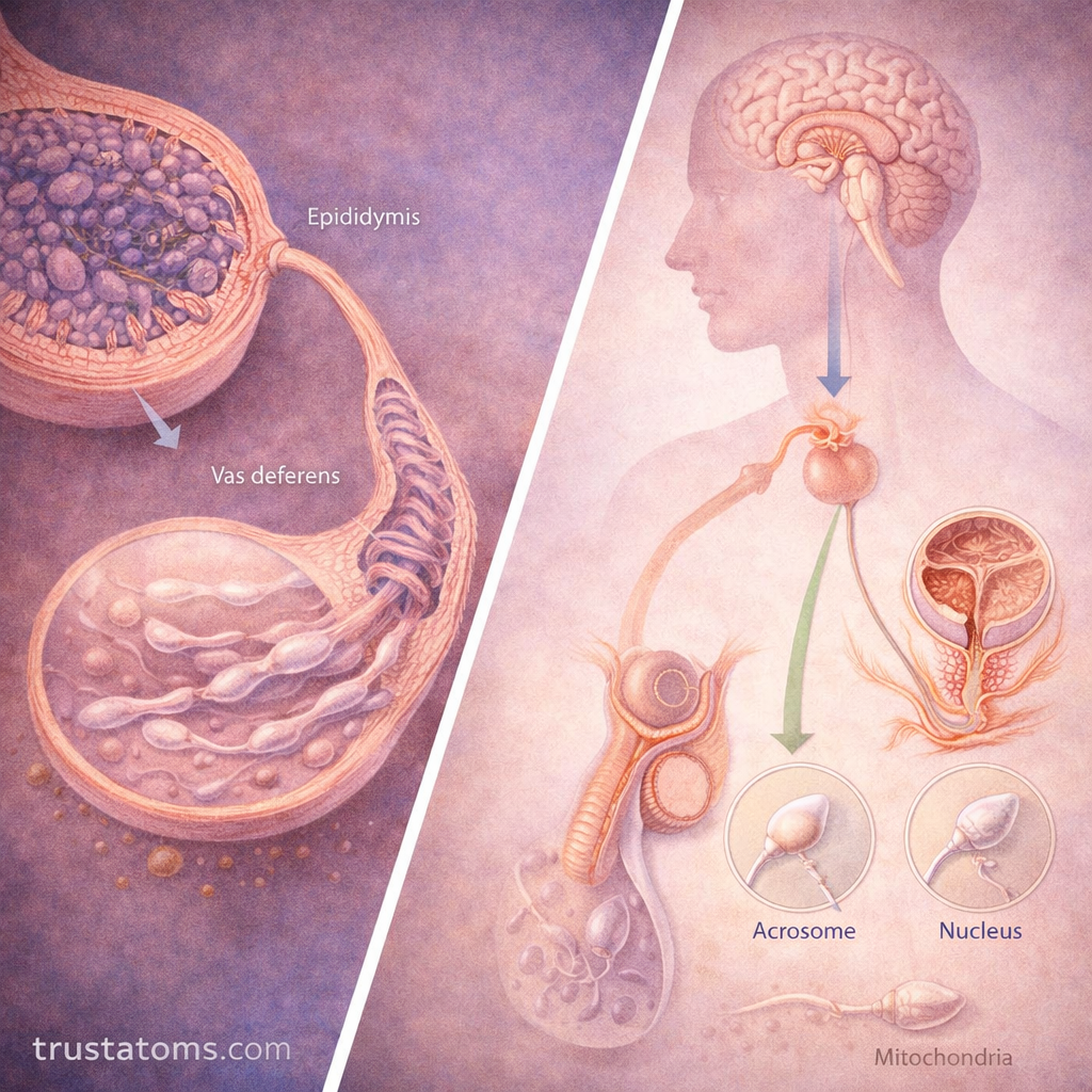 Split diagram showing sperm maturation pathway and hormonal regulation of spermatogenesis from brain to testes.