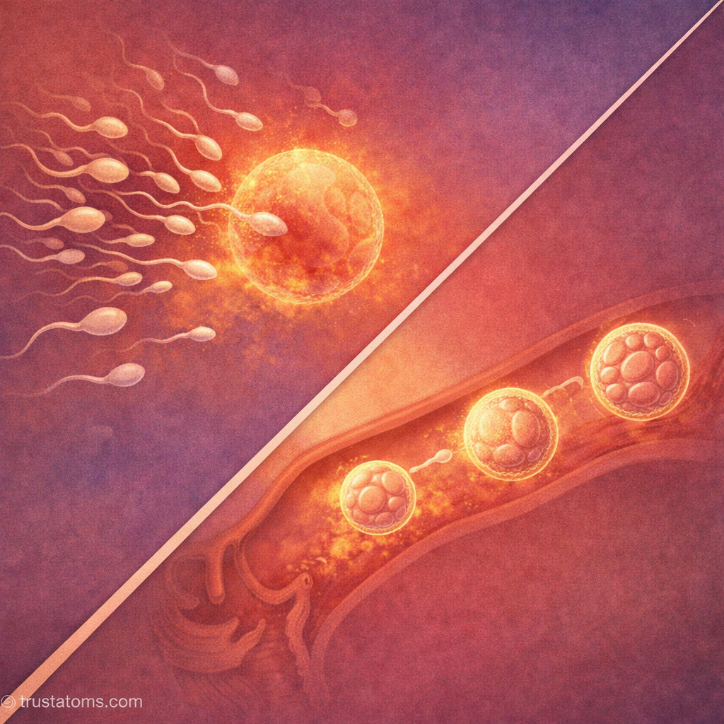 Split illustration showing sperm approaching an egg and early embryo development stages in the fallopian tube.