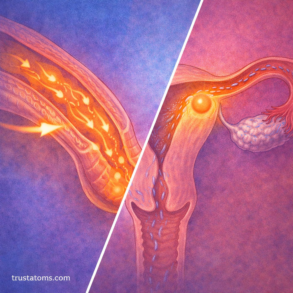 Split diagram showing sperm traveling through the male reproductive tract and egg movement through the female fallopian tube.
