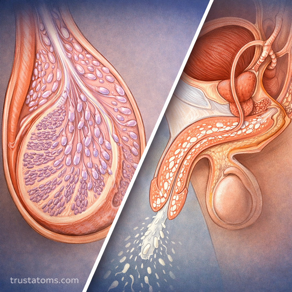 Split diagram showing sperm production in the testes and sperm transport through the male reproductive system during ejaculation.
