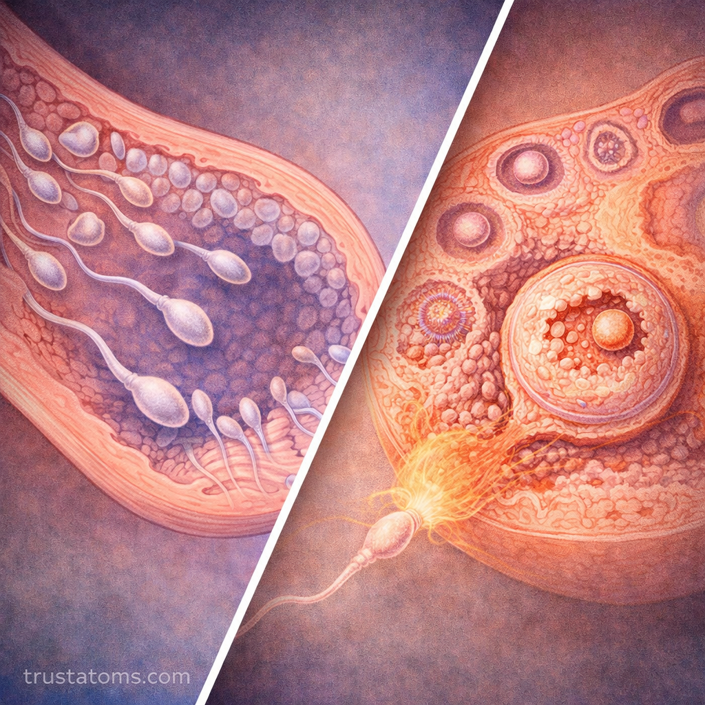 Split diagram showing sperm development in the testes and egg development in the ovaries.