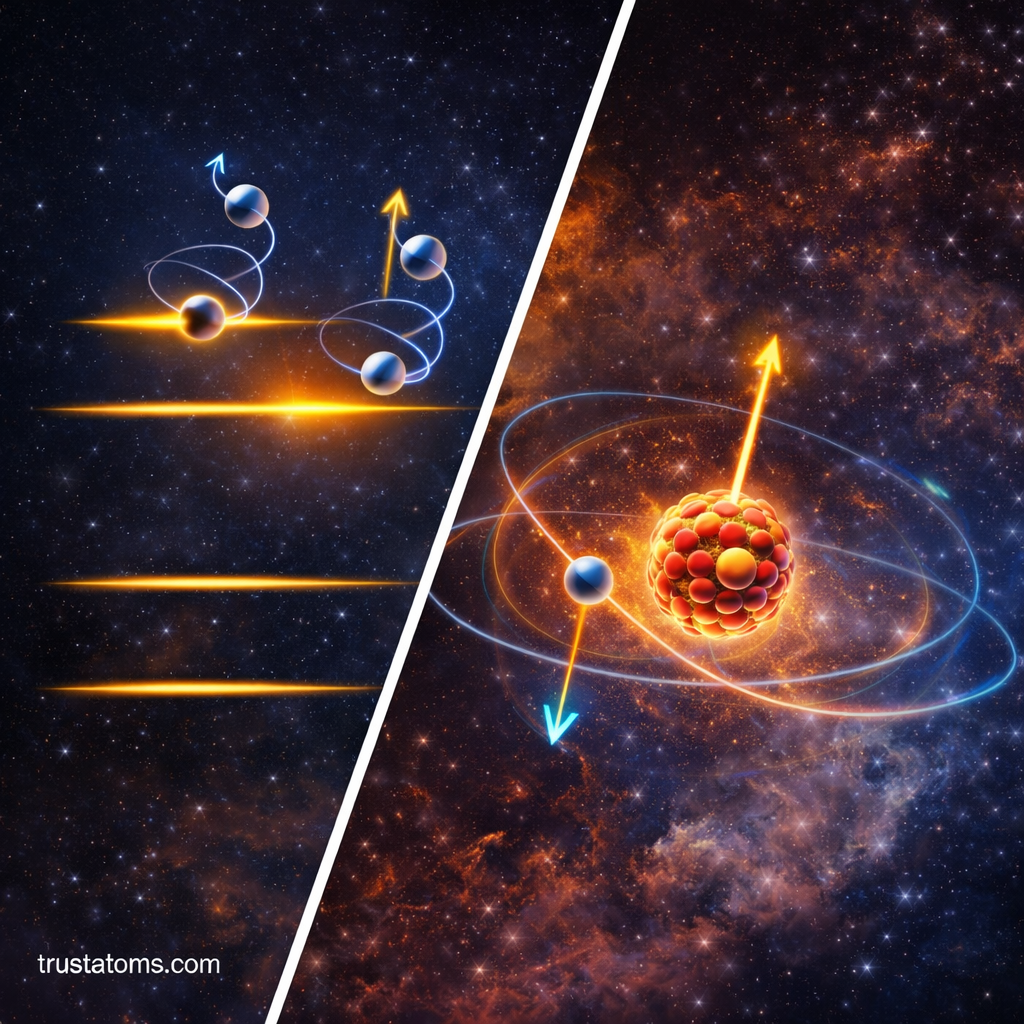 Split illustration showing atomic energy level splitting on one side and electron spin interacting with orbital motion around a nucleus on the other, representing spin–orbit coupling.