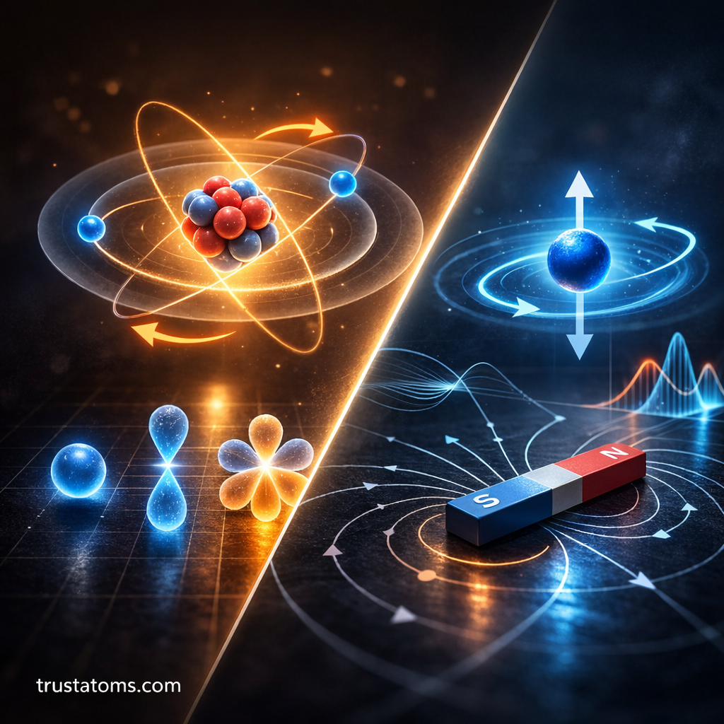 Split illustration showing orbital angular momentum of electrons on one side and intrinsic particle spin with magnetic interaction on the other.