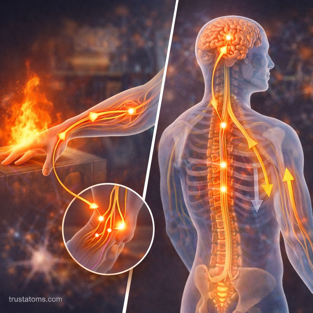 Split diagram showing a reflex arc pulling a hand away from heat and neural pathways communicating between the spinal cord and brain.
