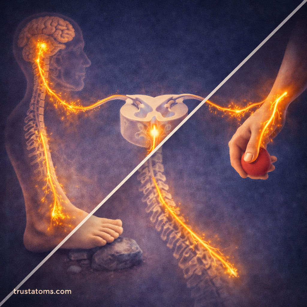 Split illustration showing the spinal cord transmitting sensory signals from the foot to the brain and motor commands from the brain to the hand.