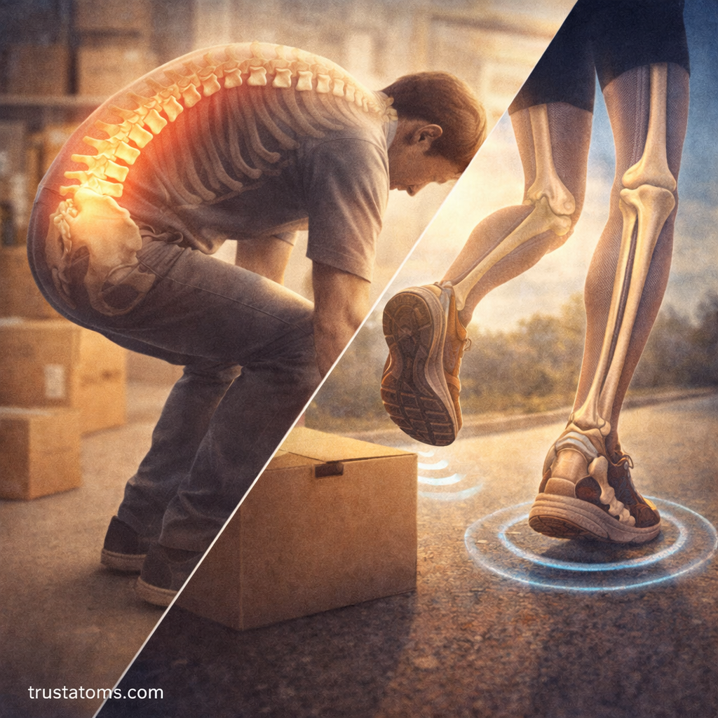 Split illustration showing improper lifting posture causing spinal strain and running movement demonstrating shock absorption through the spine.