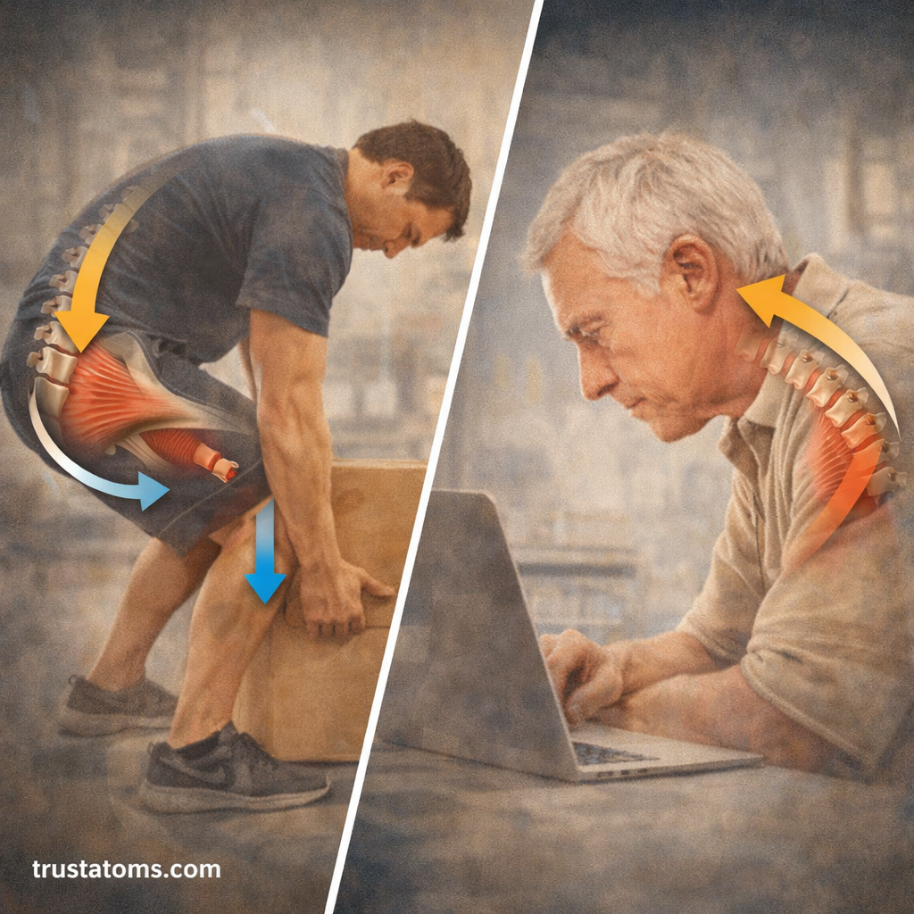 Split illustration showing spinal load stress during improper lifting and forward head posture while using a laptop.