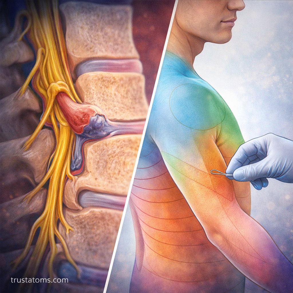 Split illustration showing spinal nerve root compression from a herniated disc and a dermatome sensory test on the arm.