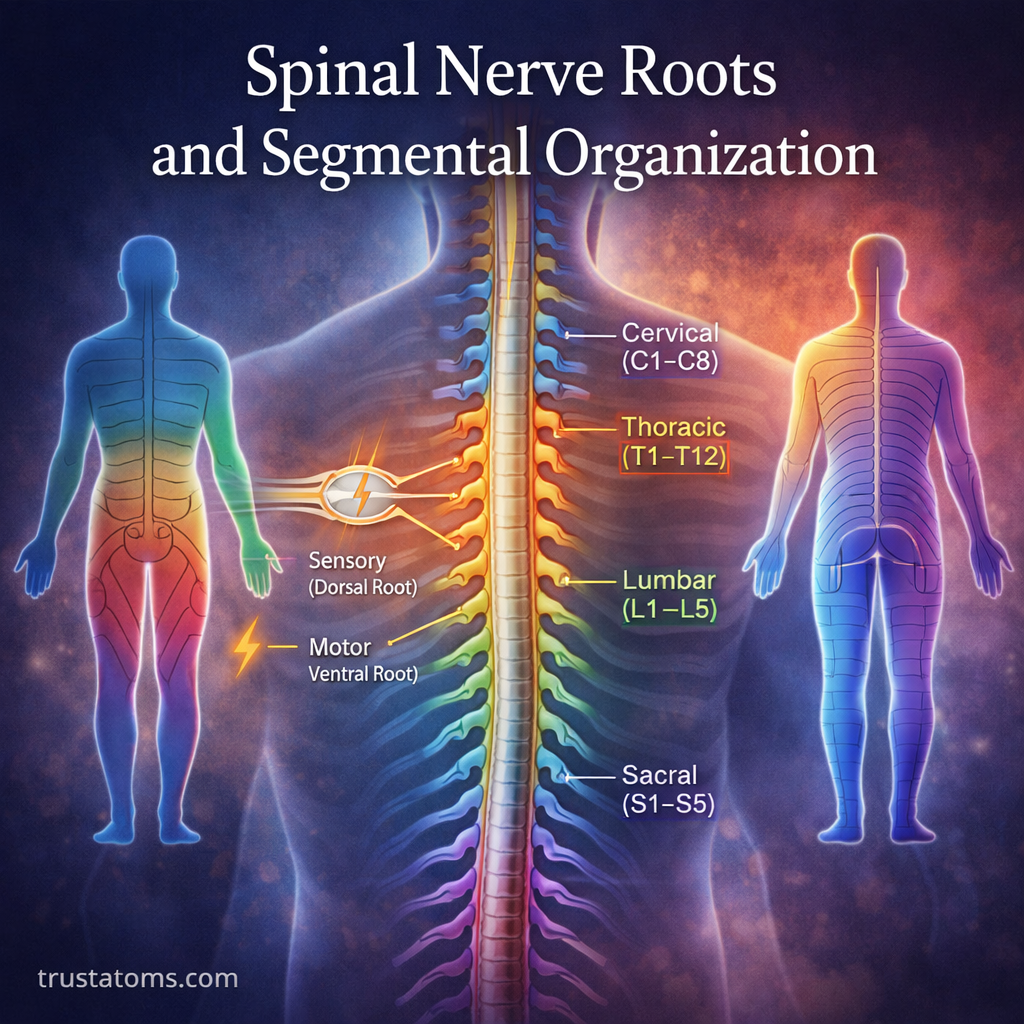 Illustration of spinal nerve roots and segmental organization showing cervical, thoracic, lumbar, and sacral regions with sensory and motor pathways.