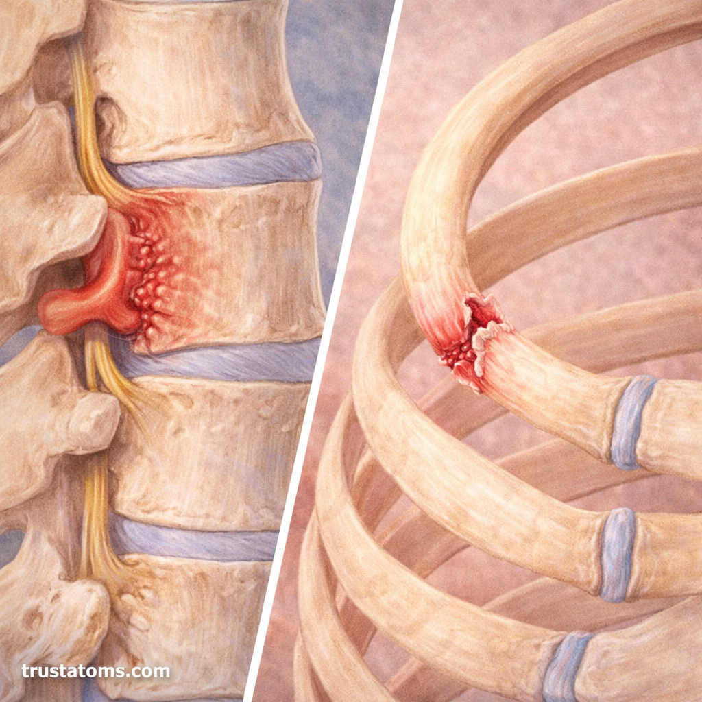 Split illustration showing a herniated spinal disc pressing on a nerve and a fractured rib in the rib cage.