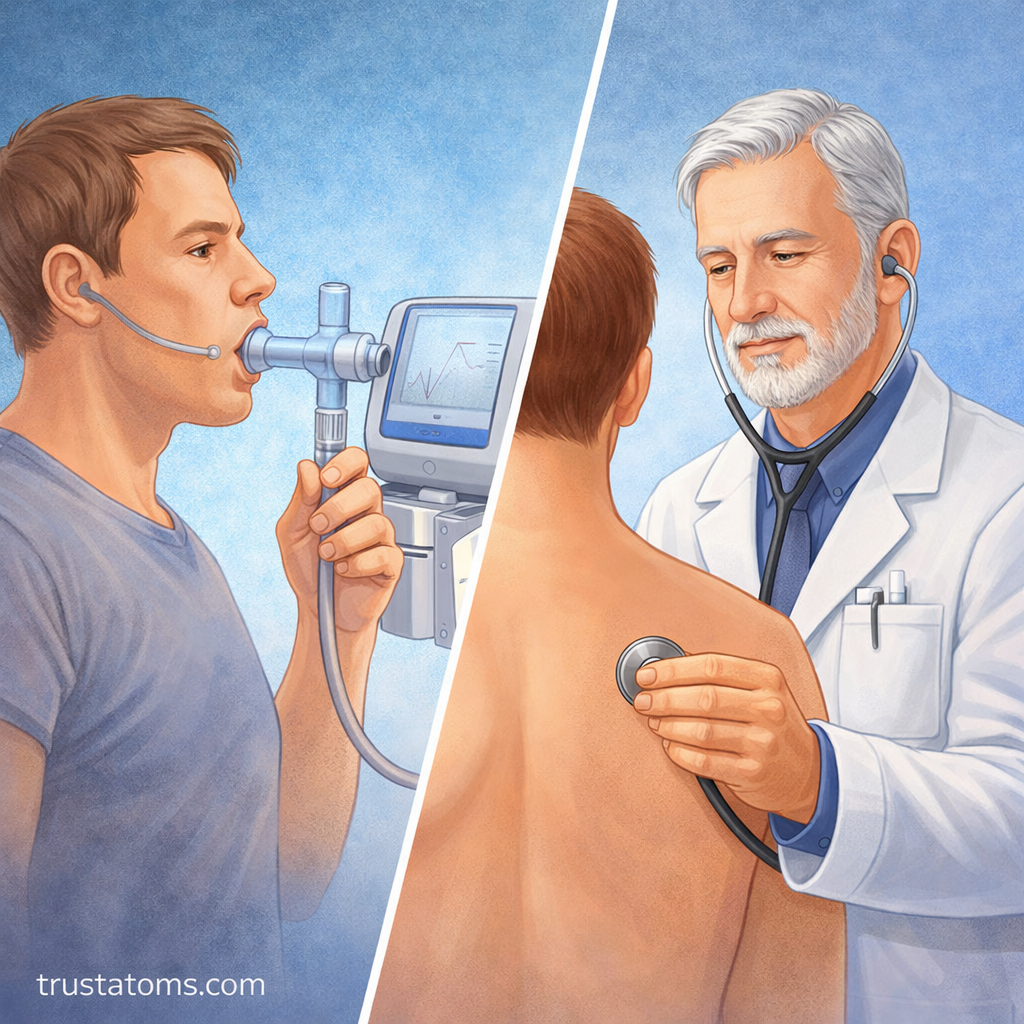 Split illustration showing a spirometry test and a doctor examining lung function with a stethoscope.