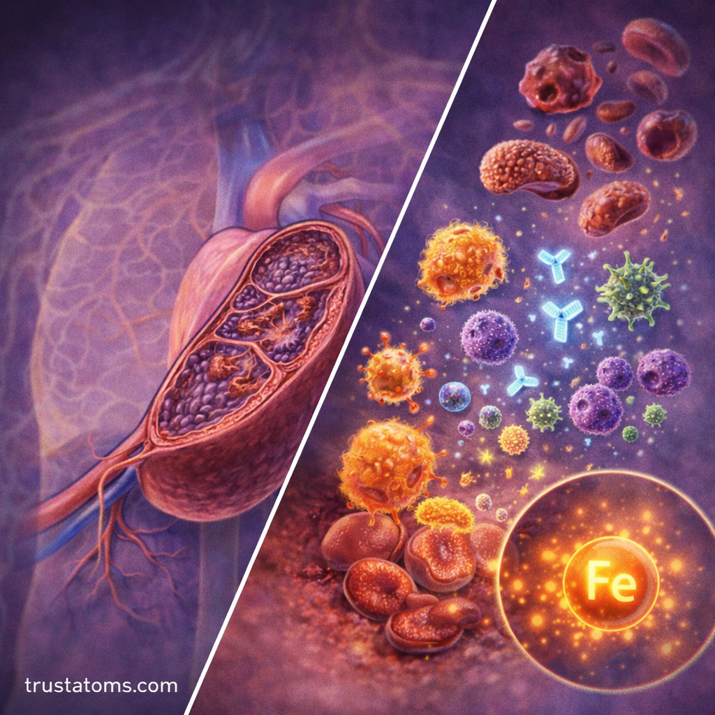 Split diagram showing spleen structure on one side and immune cells breaking down damaged red blood cells and pathogens on the other.
