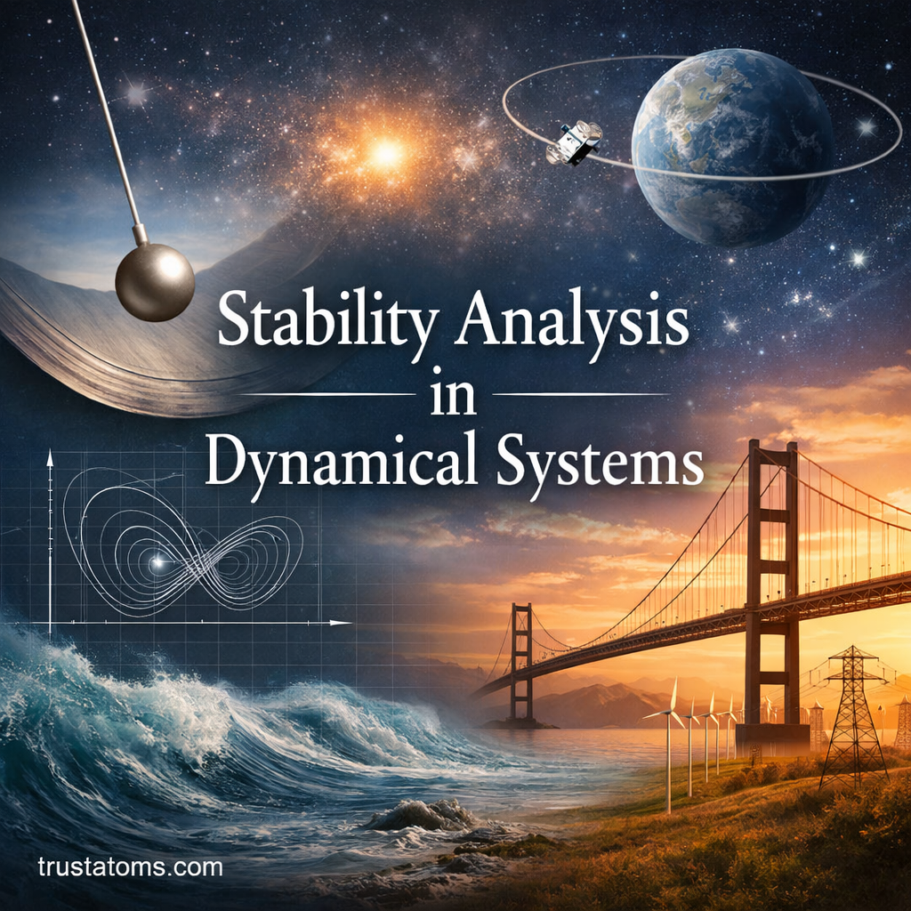 Illustration of stability analysis in dynamical systems featuring a pendulum, orbital motion, bridge, ocean waves, and phase space concept with title overlay.