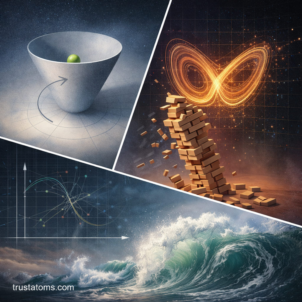 Split illustration comparing stable and unstable dynamical systems, showing a ball in a bowl, collapsing blocks, phase space pattern, and ocean wave dynamics.