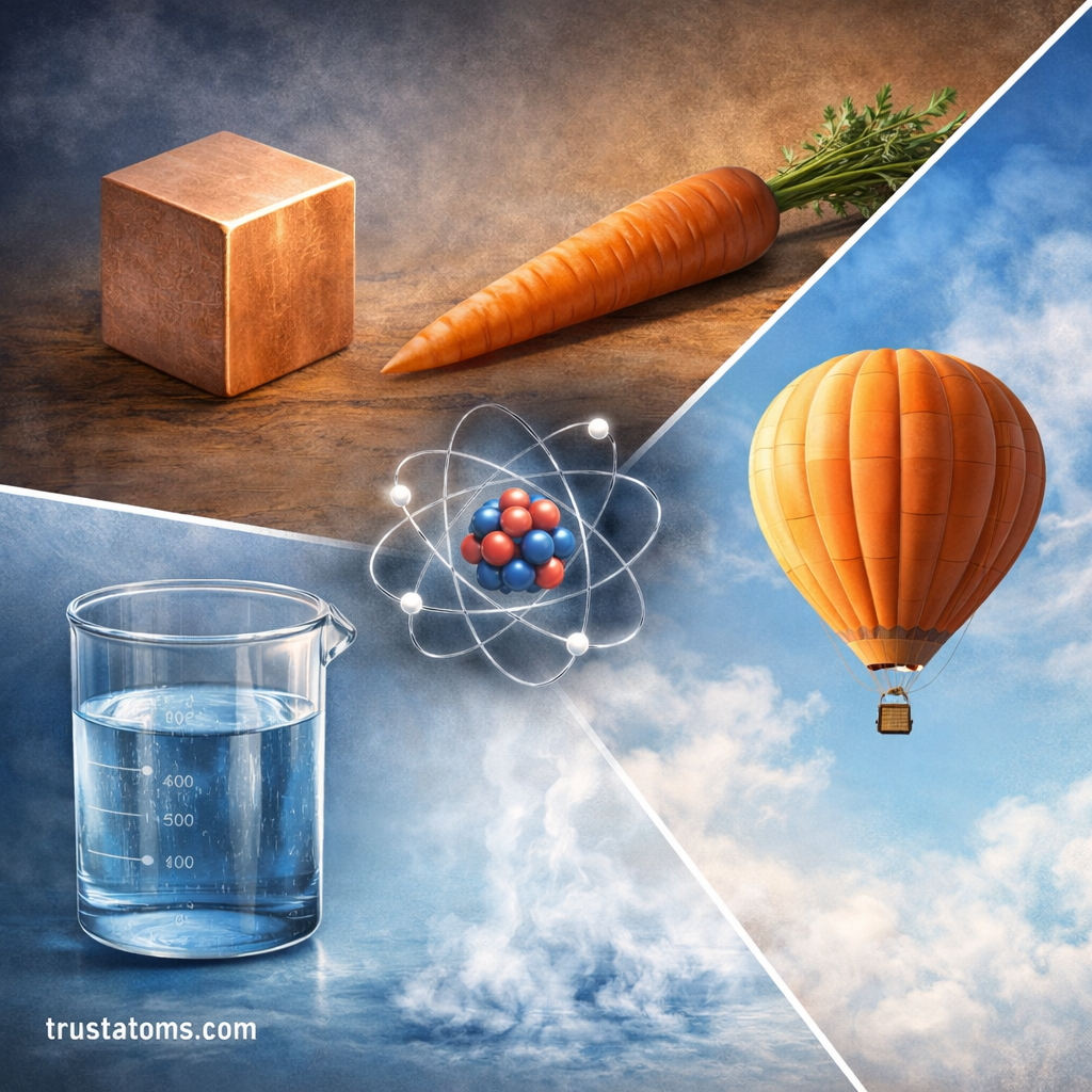 Educational illustration showing examples of matter including a copper cube and carrot for solids, a beaker of liquid for liquids, and a hot air balloon representing gases.