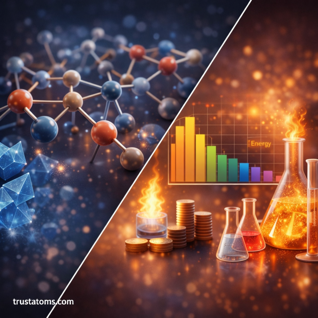 Split illustration showing molecular particle interactions on one side and energy distribution and laboratory analysis on the other representing statistical thermodynamics concepts. trustatoms.com.