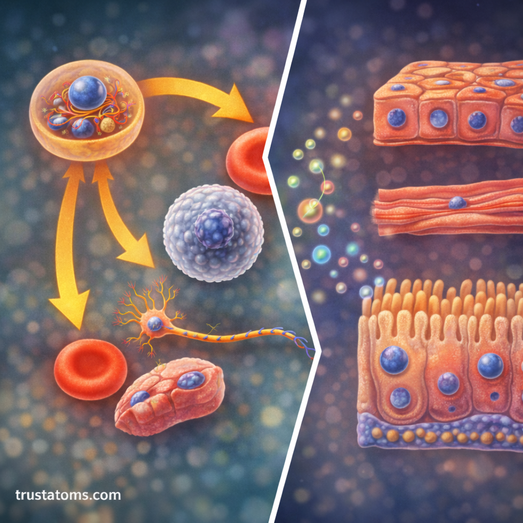 Split diagram showing a stem cell developing into specialized cells such as neurons, blood cells, and epithelial tissue cells.
