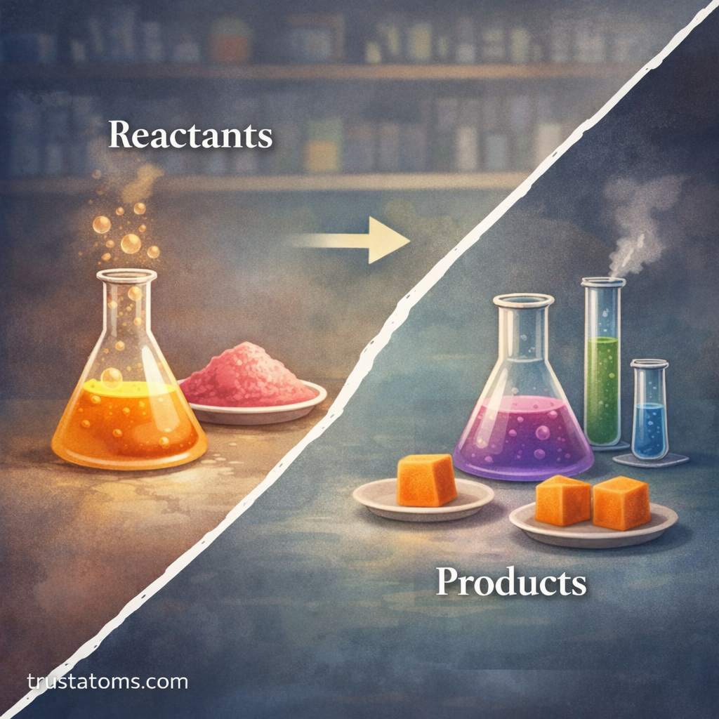 Illustrated chemistry diagram showing reactants transforming into products with laboratory glassware in a split layout representing stoichiometric relationships in a reaction system.