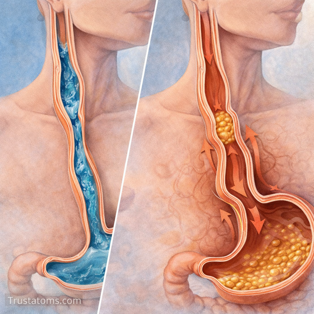 Split diagram showing liquid flow and food mixing in the stomach with peristaltic movement forming chyme.