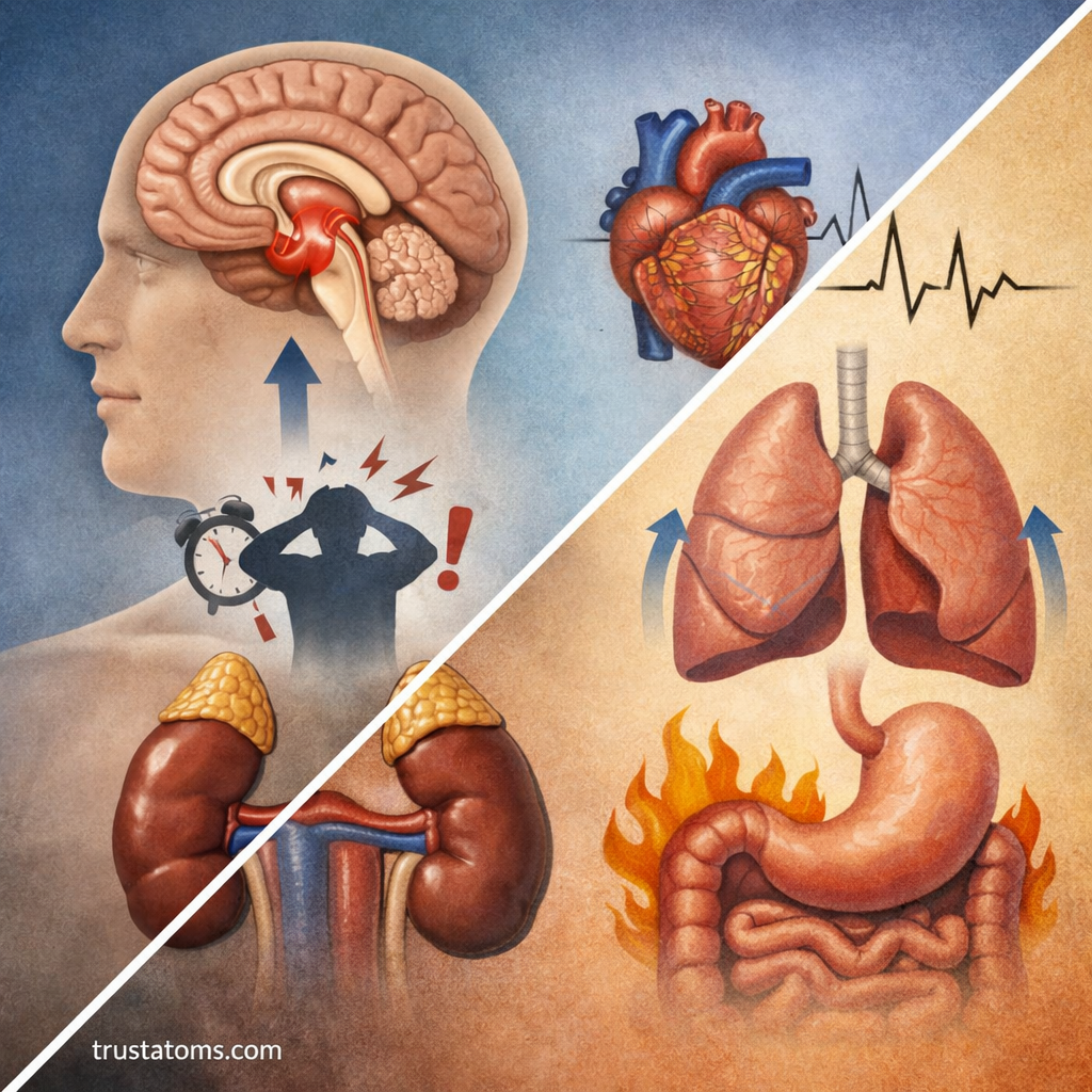 Split illustration showing brain stress signaling alongside body responses including heart rate, breathing, and digestion changes.